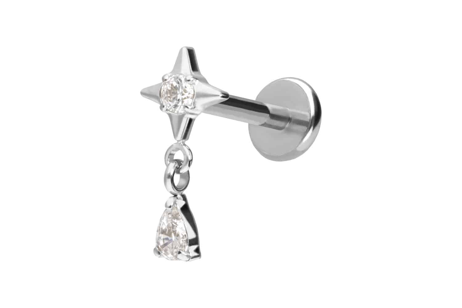 Titan Labret Piercing mit Push Fit STERN + KRISTALLTROPFEN